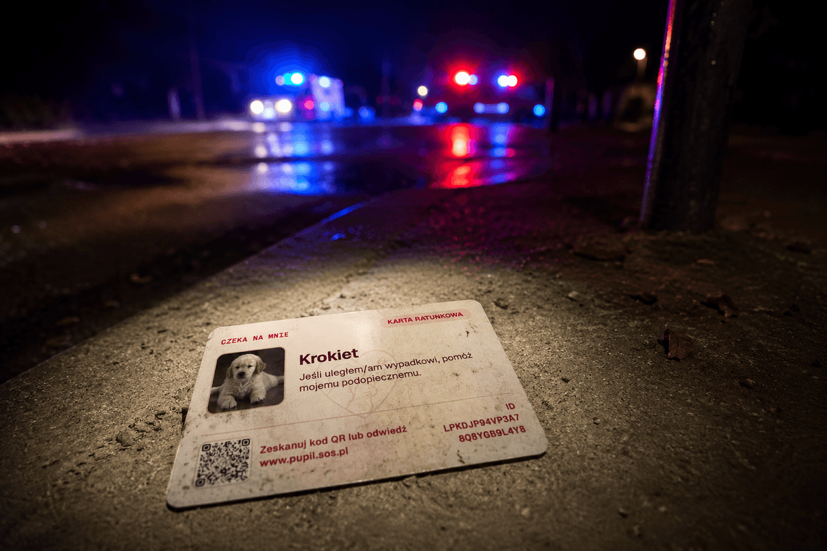 Karta ratunkowa Pupil SOS leżąca na asfalcie w świetle sygnałów ratunkowych